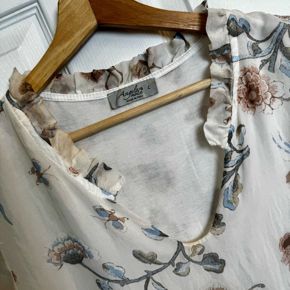 Angela Moda 100% Silk Floral Butterfly Blouse Made in Italy Size Large - Picture 3 of 10